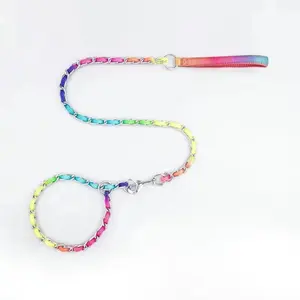 pet dog rainbow collar with leash set adjustable pet macramé P collar dog braided leash steel chain Training Choke Collars