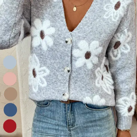 Plus Size Floral Print Button Front, Casual Feminine Drop Shoulder V Neck Knitwear Cardigan Sweater Fit for Fall & Winter, Women's Womenswear Plus Clothing for Daily Wear Tops