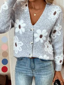 【 plus size】 floral print button front longsleeves sweater cardigan, lady cute casual drop shoulder long sleeve v neck knitwear for fall & winter, cardigans for women, women's plus clothing for daily wear, womenswear, clothe