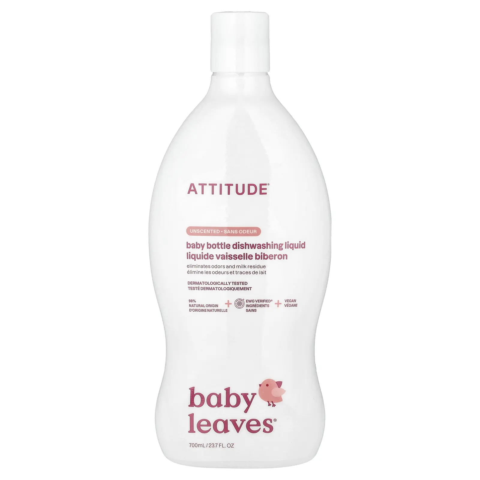 ATTITUDE Baby Leaves®, Baby Bottle Dishwashing Liquid, Unscented, 23.7 fl oz (700 ml)
