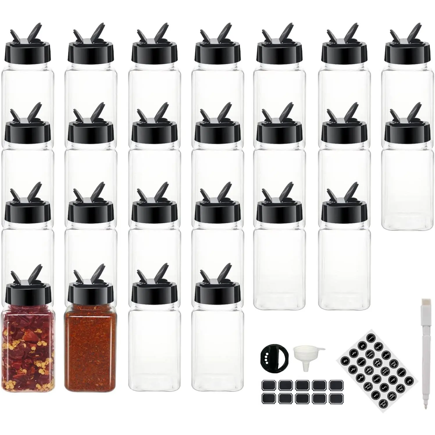 24 Pack 4oz Clear Plastic  Jars With Black Plastic Lids, Square  Bottles, Seasoning Containers with Chalk Labels, Pen, Funnel,  Containers For Kitchen Cabinet