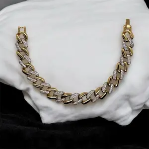 14k Gold Plated Two-Tone Micro Pave Cuban Link Bracelet – Pulsera Cubana Bicolor con Micro Pavé en Oro Laminado 14k