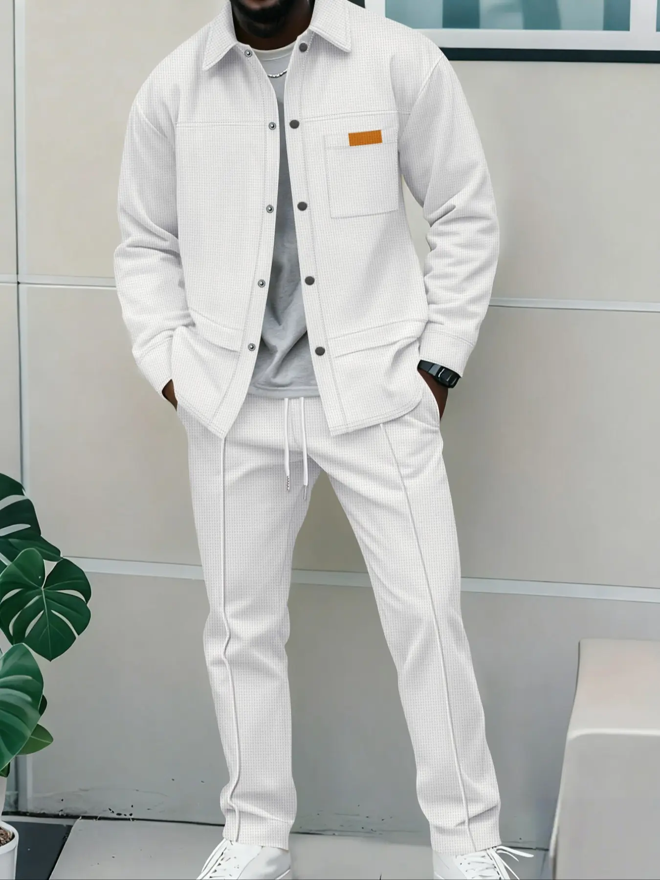 Men's Business Casual Shirt Jacket Long Sleeve Pants Outfit Set, Fitted Design with Pockets, Button Front, Patchwork, Aesthetics, Spring & Fall Fashion