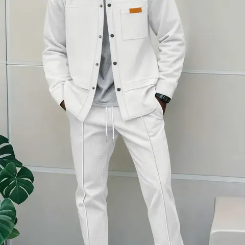 Men's Business Casual Shirt Jacket Long Sleeve Pants Outfit Set, Fitted Design with Pockets, Button Front, Patchwork, Aesthetics, Spring & Fall Fashion, Suit Sets, Fall Matching Sets