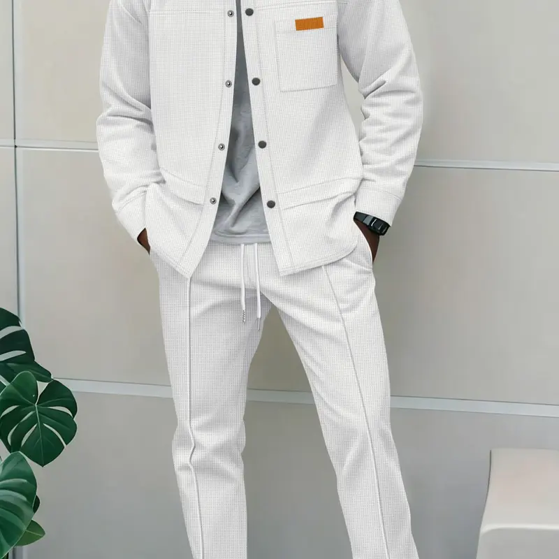 Men's Business Casual Shirt Jacket Long Sleeve Pants Outfit Set, Fitted Design with Pockets, Button Front, Patchwork, Aesthetics, Spring & Fall Fashion, Suit Sets, Fall Matching Sets