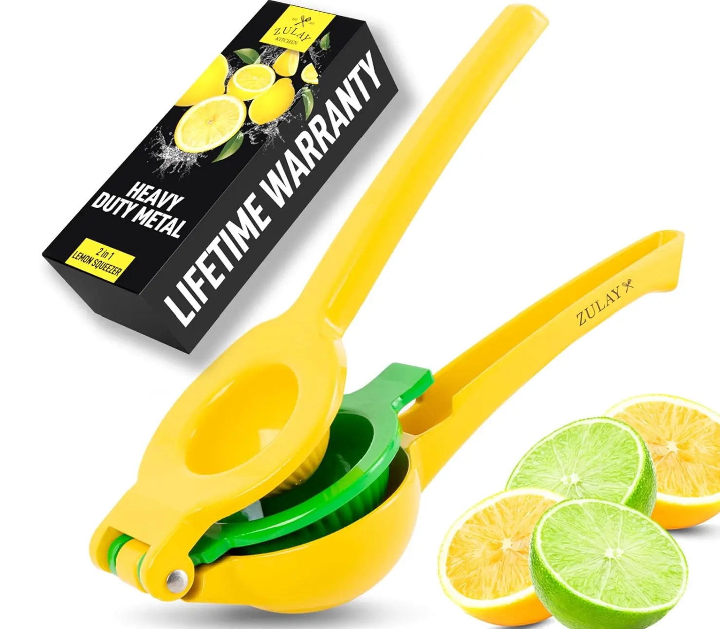 Metal 2-In-1 Lemon Squeezer Manual - Sturdy, Max Extraction Hand Juicer Lemon Squeezer Gets Every Last Drop - Easy to Clean & Use Citrus Juicer-Yellow/Green