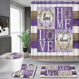1/4 piece purple kapok ring pattern shower curtain set, waterproof shower curtain with 12 hooks, non-slip bathroom carpet, toilet U-shaped cushion, toilet seat cover cushion, bathroom shower curtain set, perfect moving gift.