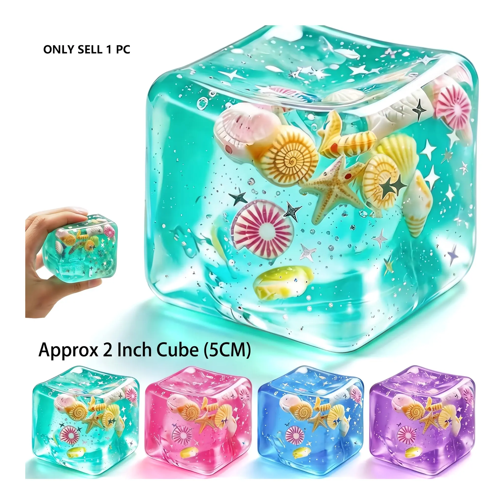 Ocean Shell Cube Squishy Fidget Toy, Clear Jelly Soft Squeeze Toy with Starfish & Glitter, Sensory Stress Relief Toy for Kids Adults, Multiple Color & Pack Options