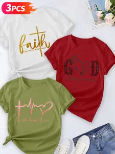 3 Pcs Women's Faith, Hearts and Religious Pattern Cotton T-Shirt Set, Loose Fit Short Sleeve Round Neck, Soft Breathable Fabric for Casual Street Style