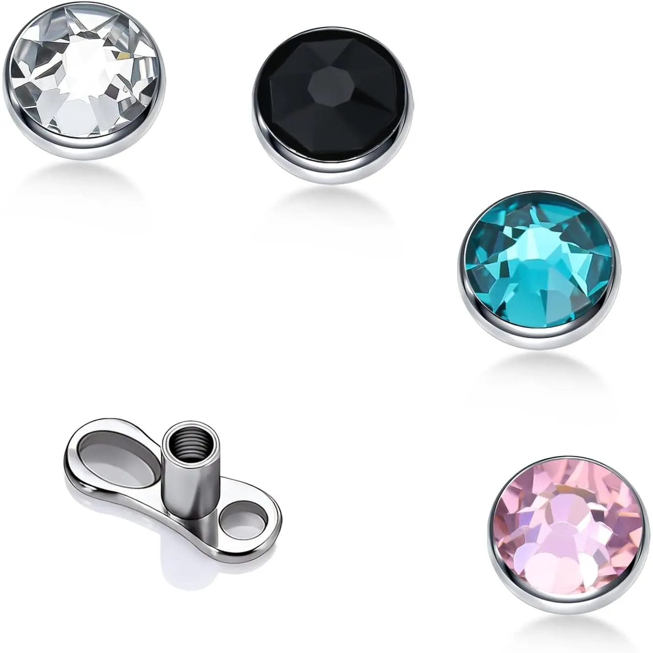 Dermal Piercing Jewelry Set Titanium 14G - 4 Multi-Color Gems Dermal Tops (3/4/5mm) – Surface Skin Jewelry for Face & Body, Base Microdermals Piercing for Women Men