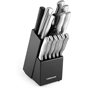 FARBERWARE 15-Piece Kitchen Knife Set with High-Carbon Stainless Steel Blades, Black Handles, Steak Knives, Wood Block, Razor Sharp and Ergonomic