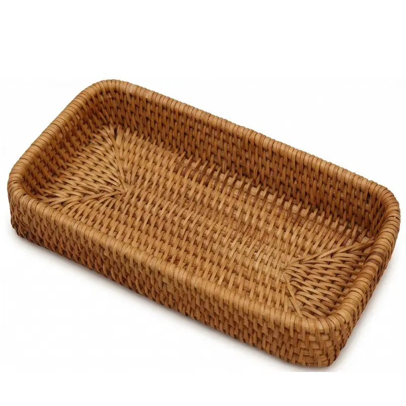 Woven Countertop Storage Basket, Bamboo Bread Fruit Snack Nuts Sundries Key, Rectangular Serving Tray for Home Living Room Coffee Shop Rattan Basket