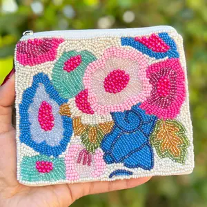 Floral Beaded Pouch Purse - Ivory