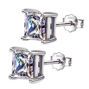Emma Manor 925 Sterling Silver Stud Earrings 4 Prong Princess Cut Square Cubic Zirconia Ear Stud for Women Men Girl CZ 4mm-7mm