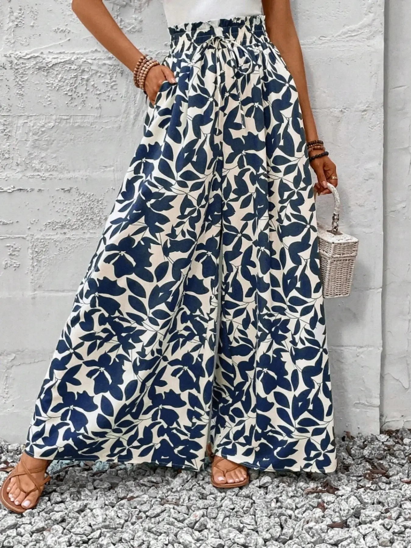 Women's Summer Leaf Print Bohemian Flare Leg Pants, Elastic High Waist, Long Regular Fit, Beach Vacation Wear