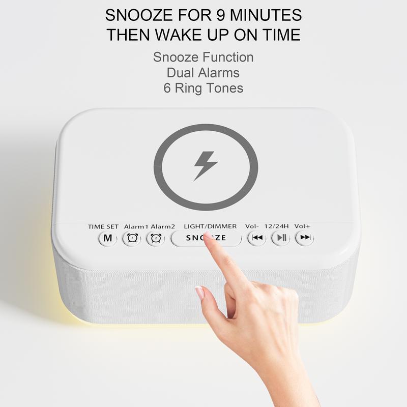 Fansbe Tech Alarm Clock Speaker Wireless Charger, Digital Alarm Clocks Bedrooms Bluetooth, Alarm Clock Dimmable Light Bedrooms Dual Alarm Snooze Dimmer 12 24H RGB Night Light Bluetooth USB AUX, Gray