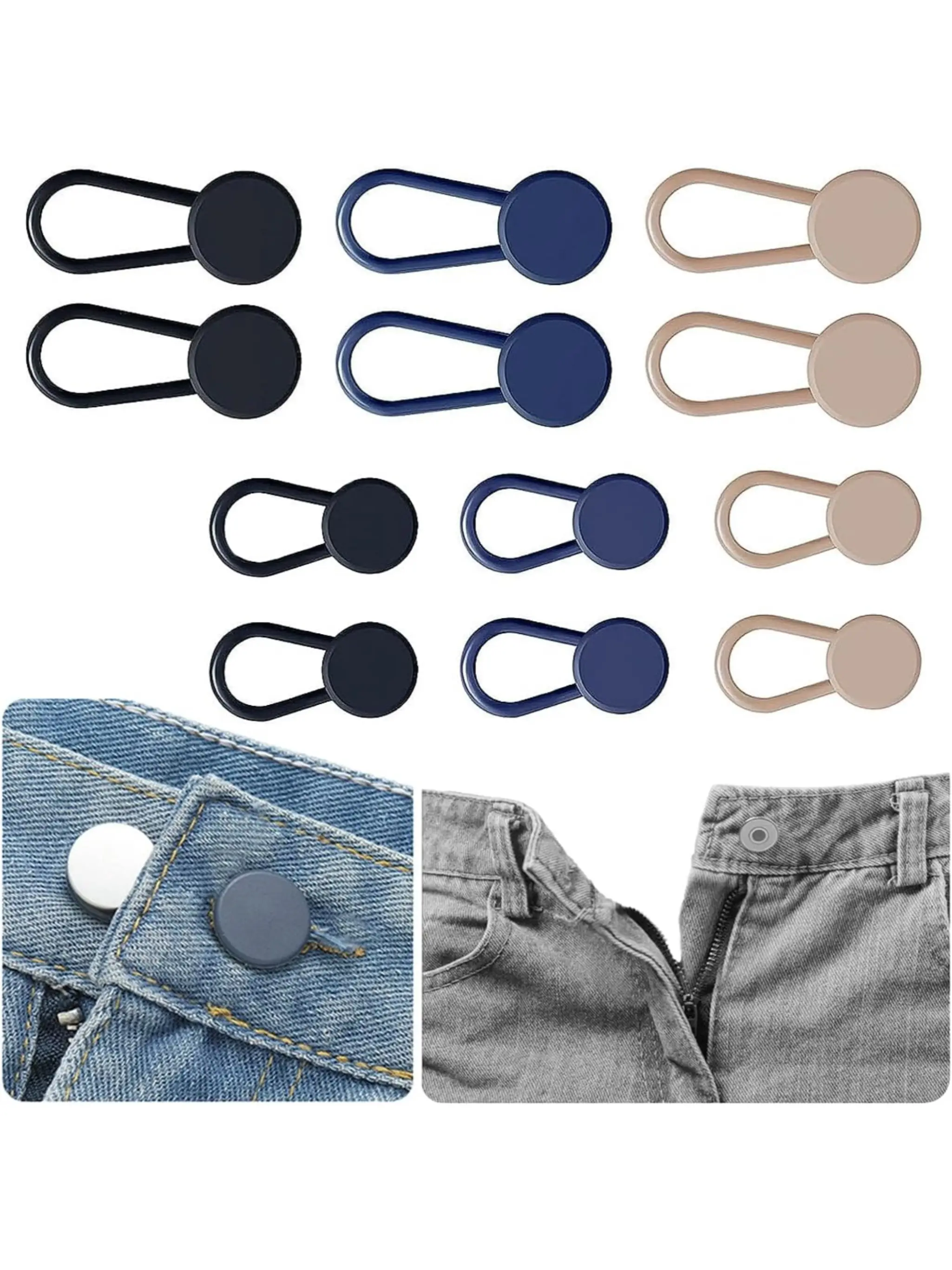 12-Piece Waist Extender Set, Sturdy Durable No-Sew Instant Waist Adjustment Extension for Men & Women Pants, Available in Three Colors, Adds 1-1.4 Inches, Quick Adjustment, Waistband Extension