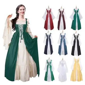 and American square collar bundled waist medieval renaissance retro dress