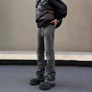 High street washed black jeans, men's trendy straight-leg trousers, slimming and slightly flared pants Menswear Beige Fashion Classic Streetwear Pocket Denim Plain