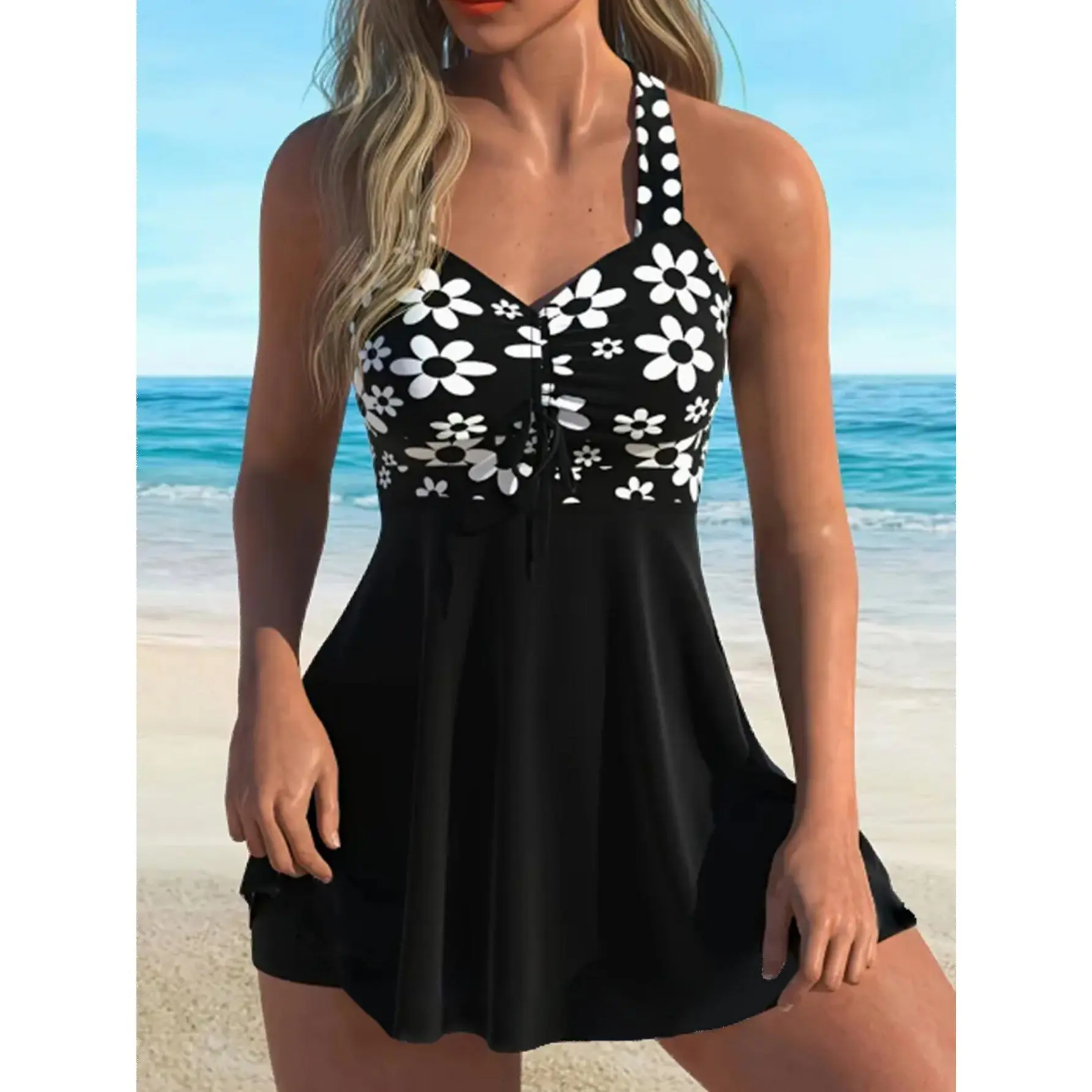 Fashionable And Popular Print Women's Plus SizeTankini Swimsuit Set