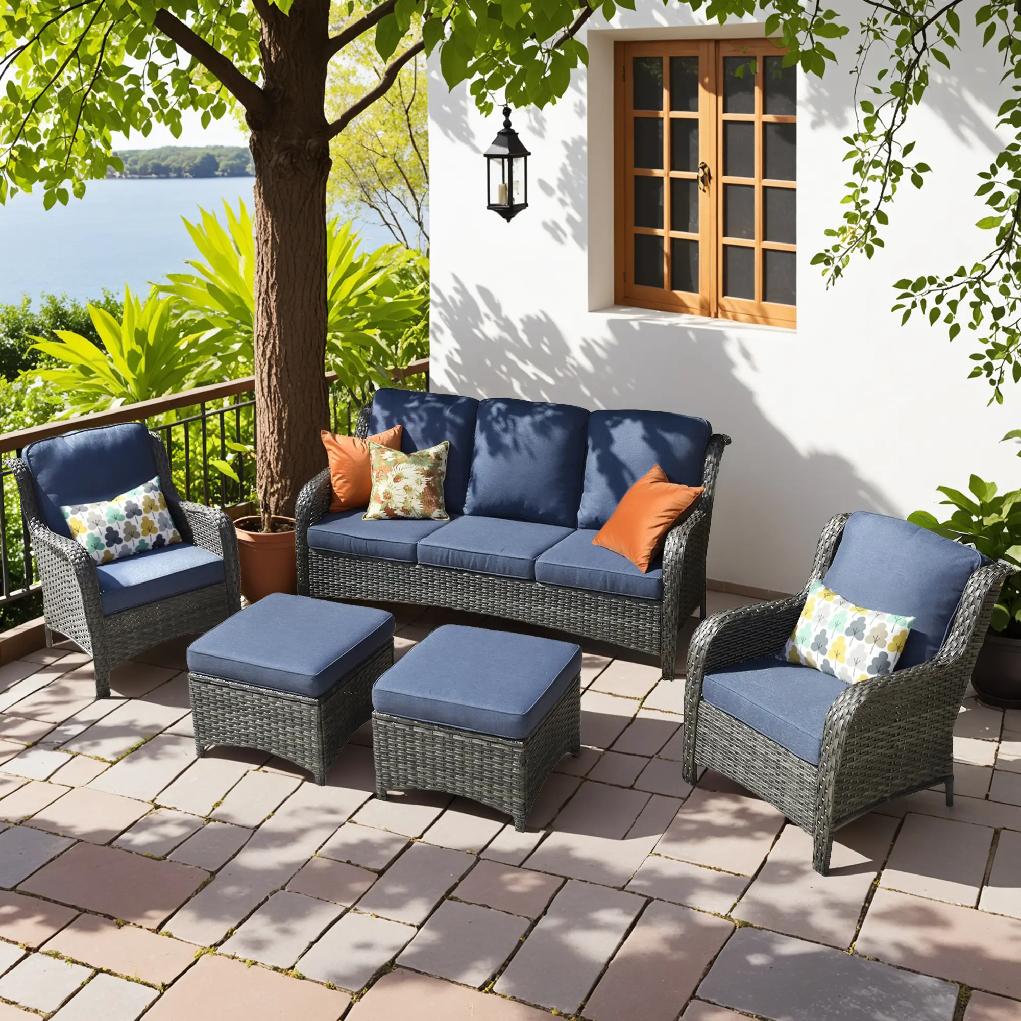 【Summerfinds】OVIOS 5-Piece Outdoor Patio Conversation Set with High-Back Cushions, All-Weather Wicker Furniture, Water & UV Resistant Patio Set for Backyard, Patio, Porch, Deck & Garden