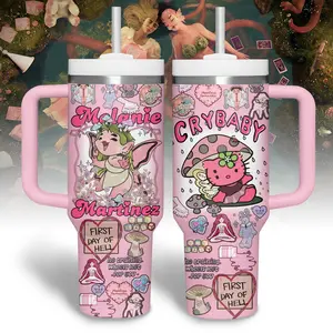 Melanie Martinez Inspired 40oz Tumbler with Handle, Cry Baby Aesthetic Cup, Alternative Pop Music Fan Gift, Pastel Dark Theme Travel Mug, Artistic Album Inspired Stainless Steel Tumbler, Reusable Hot Cold Drinkware