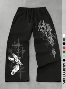 Men's Casual Sport Pants, Athleisure Style Pants, Angel Thorn Pattern Print, Drawstring Wide Leg, Loose-Fitting, All Seasons, Men's Fashion Long Pants