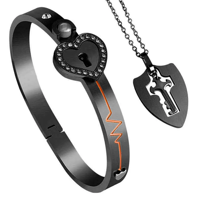 100 Language I Love You Projection Lock Bracelet and Shield Key Necklace for Couple Titanium Steel Romantic Couple Matching Jewelry Gift for Valentine’s Day Birthday