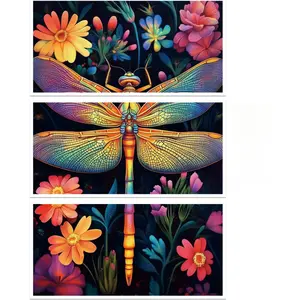 Rub on Transfer Decal Sticker for Furniture Craft Decor 6"x12" Bright Flowers and Dragonflies, 3Pcs Waterproof UV DTF Transfer for Drawer Dresser Glass Porcelain  Plastic