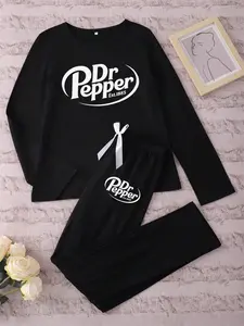 Women's Long Sleeve Long Pants Pajama Set Pjs with Pepper Doctor Logo Print, Fitted Casual Sleepwear for Spring & Fall, Stylish Loungewear Womenswear