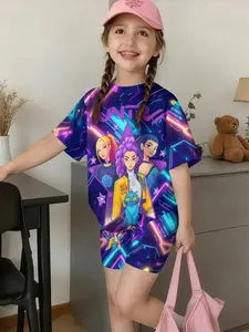 Cyberpunk Girl Group Set, Trendy Street Dance Kids Home & Outdoors Two-Piece Set, Casual Slim-Fitting Top & Shorts, All over Print