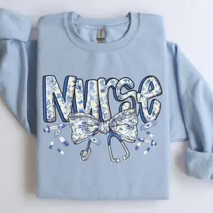 Coquette Bow Nurse Sweatshirt/T-shirt, Cute Retro Nurse Shirt, RN Gift, Blue Chinoiserie Crewneck, Toile De Jouy Nurse Tee