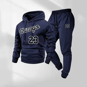 Men’s Chicago 23 Pattern Hoodie and Drawstring Track Pants Set with Pockets, Casual Athletic Long Sleeve Hooded Jacket & Jogger Pants, Fall Winter Sportswear, Street Style Tracksuit for Everyday Wear, Indoor & Outdoor Activities