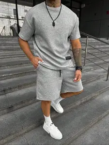 Two-Piece Set Men's Solid Short Sleeve Tee & Shorts Set, Regular Fit Casual Round Neck T-shirt & Track Shorts, Summer Clothes Set for Men