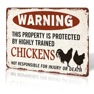 Warning Property Protected by Chickens Aluminum Sign 8x12 Inch Funny Chicken Coop Metal Decor for Farm Home Garden Durable Weather Resistant