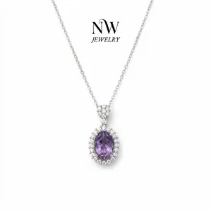 Genuine Natural Amethyst Crystal Carved Oval Leaf Pendant Necklace - Unique Design Natural Stone Jewelry, Necklace Gift for Her