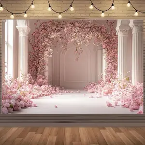 2D Flat 1pc -Inspired Cherry Blossom Backdrop with Classical Greek/Roman Columns - Pink & White Floral Wall with Hanging String -like Effect Polyester Fabric for Wedding Birthday Spring Party Decorations - Realistic Wall Panel 2D Flat Christmas