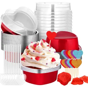 1Set Heart Shaped Cake Pans Valentines Aluminum Mini Cake Pans with Lids for Baking 3.4 Ounces Disposable Cupcake Cup Cake Pan Baking Supplies for Valentine Wedding Mother's Day Birthday
