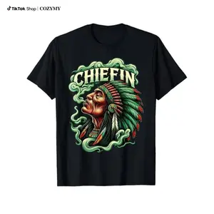 Graphic vintage tee Chiefin WeedPattern Smoking Retro 420 CannabisPattern Pot THC Smoker T-Shirt  Cotton Round Neck Short Sleeve Casual T-Shirt