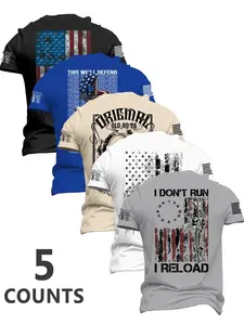Men's Fashion Round Neck Casual Short Sleeve T-Shirt, Summer Comfortable Flag Print Outdoor Tee 5 Pack, Daily Wear