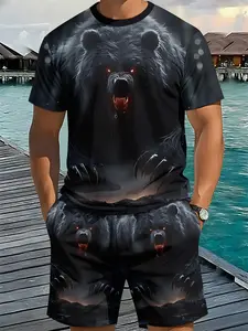 Dark Night Angry Bear Power 3D Digital Print Two-Piece Set, 2Pcs, Trendy Fashion Set, Trendy Retro Casual Two-Piece Set, Vacation Style Trendy Outfit, Breathable Sports Casual Style, Perfect Holiday Gift for Men