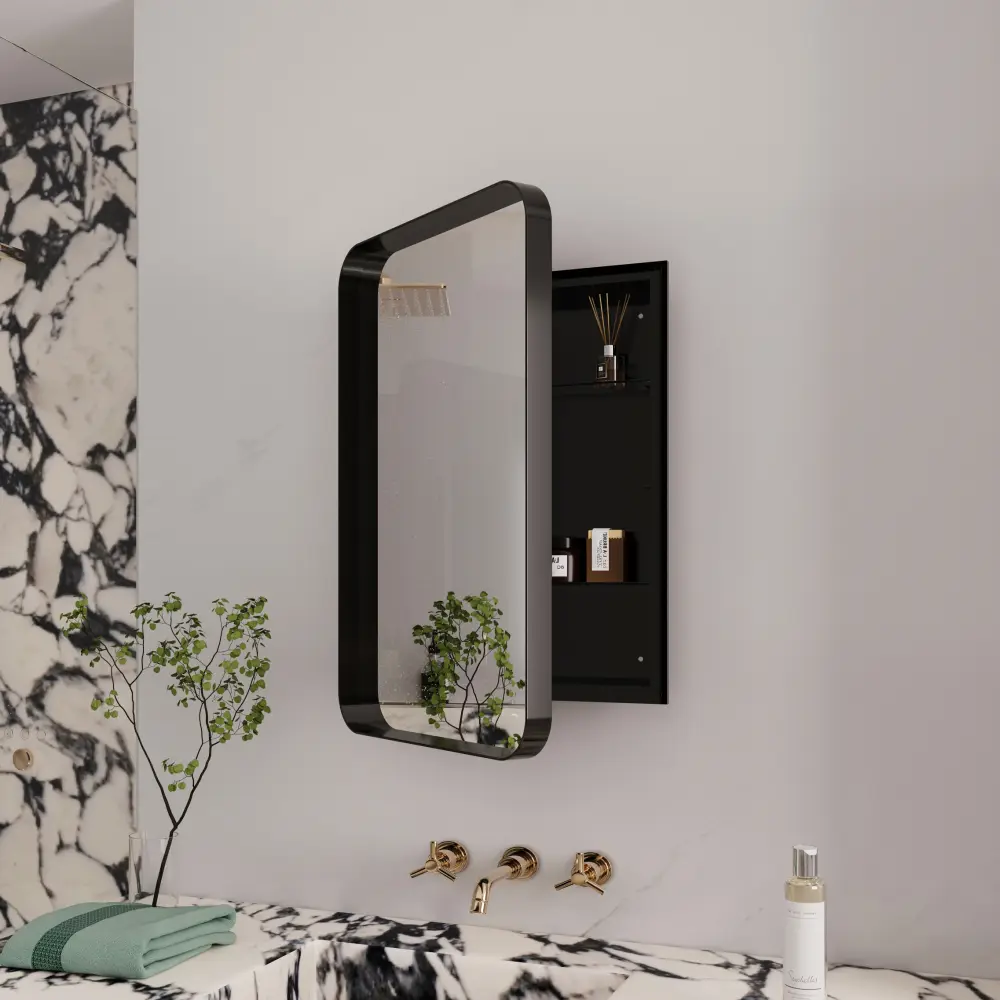 Anti-Rust Minimalist 16x24" Black Metal Framed Medicine Cabinet - Recessed or Wall-Mounted Mirror Cabinet with 180° Reversible Door, Anti-Rust Medicine Cabinets, Minimalist Medicine Cabinets