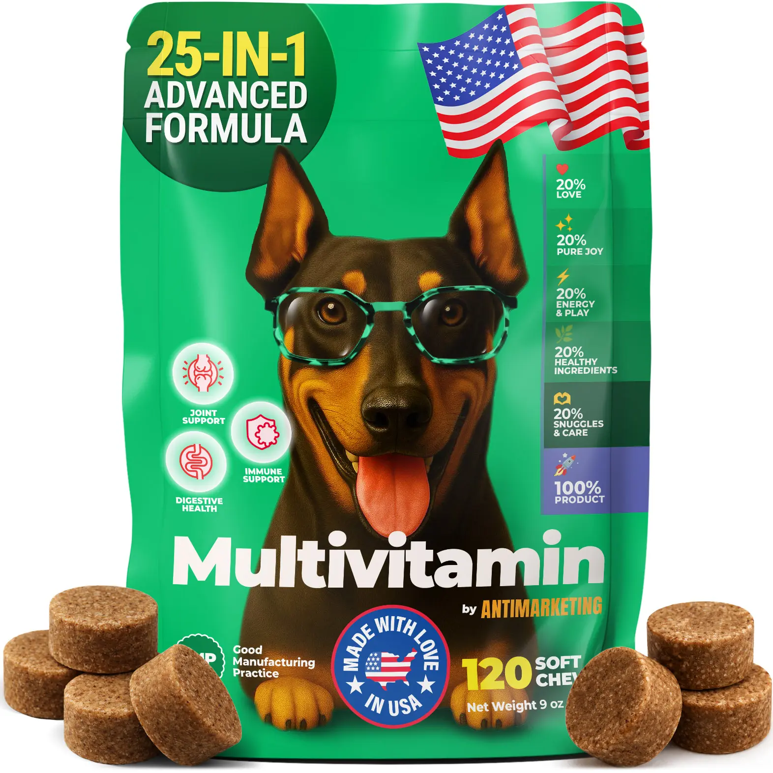 Multivitamin Soft Chews for Dogs | Immune Support, Digestive Support, Gut Health, Joint Support | Daily Wellness Complete Nutrition | Omega 6, Gluten Free | 120 Chews | Beef Flavor | Made with Love in USA | Antimarketing Lab
