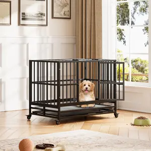 37/42.5 Inch Heavy Duty Indestructible Metal Dog Crate, Foldable Indoor Dog Kennel with Double Doors, Lockable Wheels & Removable Tray, Perfect for Living Room & Apartment Use