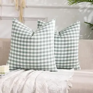 Farmhouse Sage Gingham Throw Pillow Covers 18x18 Set of 2, Plaid Decorative Pillow Cases for Home Patio Porch, Stylish & Cozy Design, Home Textile