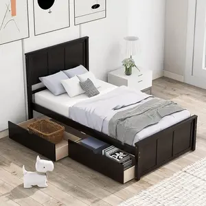 Twin Size Bed with Storage Drawers, Solid Wood Platform Bed Frame with Headboard, No Box Spring Needed