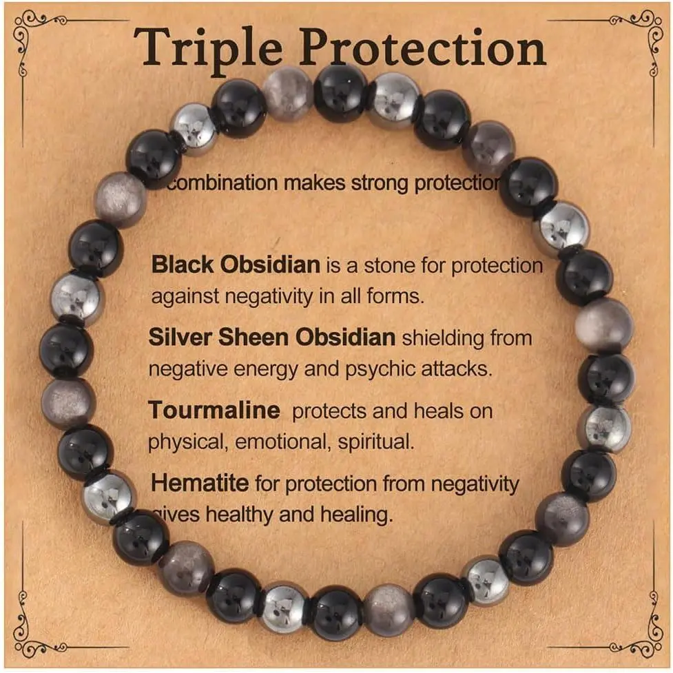 Triple Empath Protection Bracelet for Women Men, Hematite Black Tourmaline Obsidian Bracelet, Natural Healing Bracelet