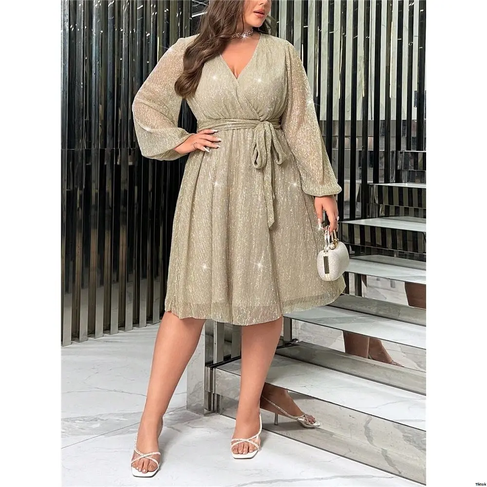 Dress Lantern Neck Plus Priv tiktok Surplice Sleeve Belted Glitter - TikTok Shop Dress Lantern Neck Plus Priv tiktok Surplice Sleeve Belted Glitter - TikTok Shop