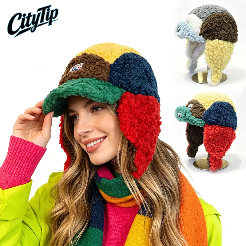 Unisex Frog Puffer Trapper Hat - Color Block Lamb Fleece Winter Hat with Ear Flaps, Plush Texture Outdoor Headwear for Men/Women, Travel Skiing Y2K Gift