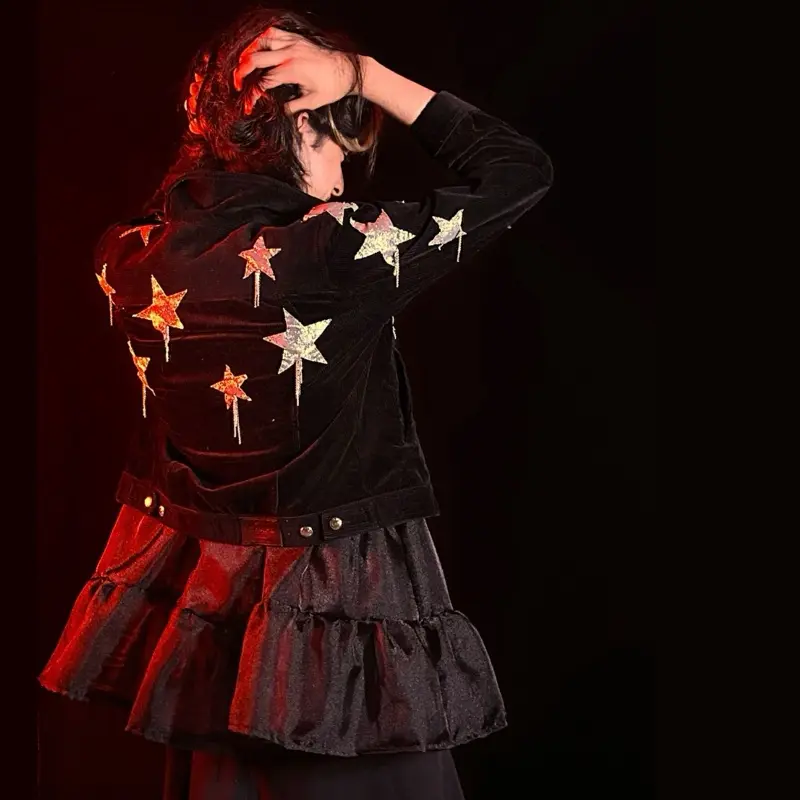 Upcycled silver star patch and chain jacket Fashion Black Casual Coats Piece Statement